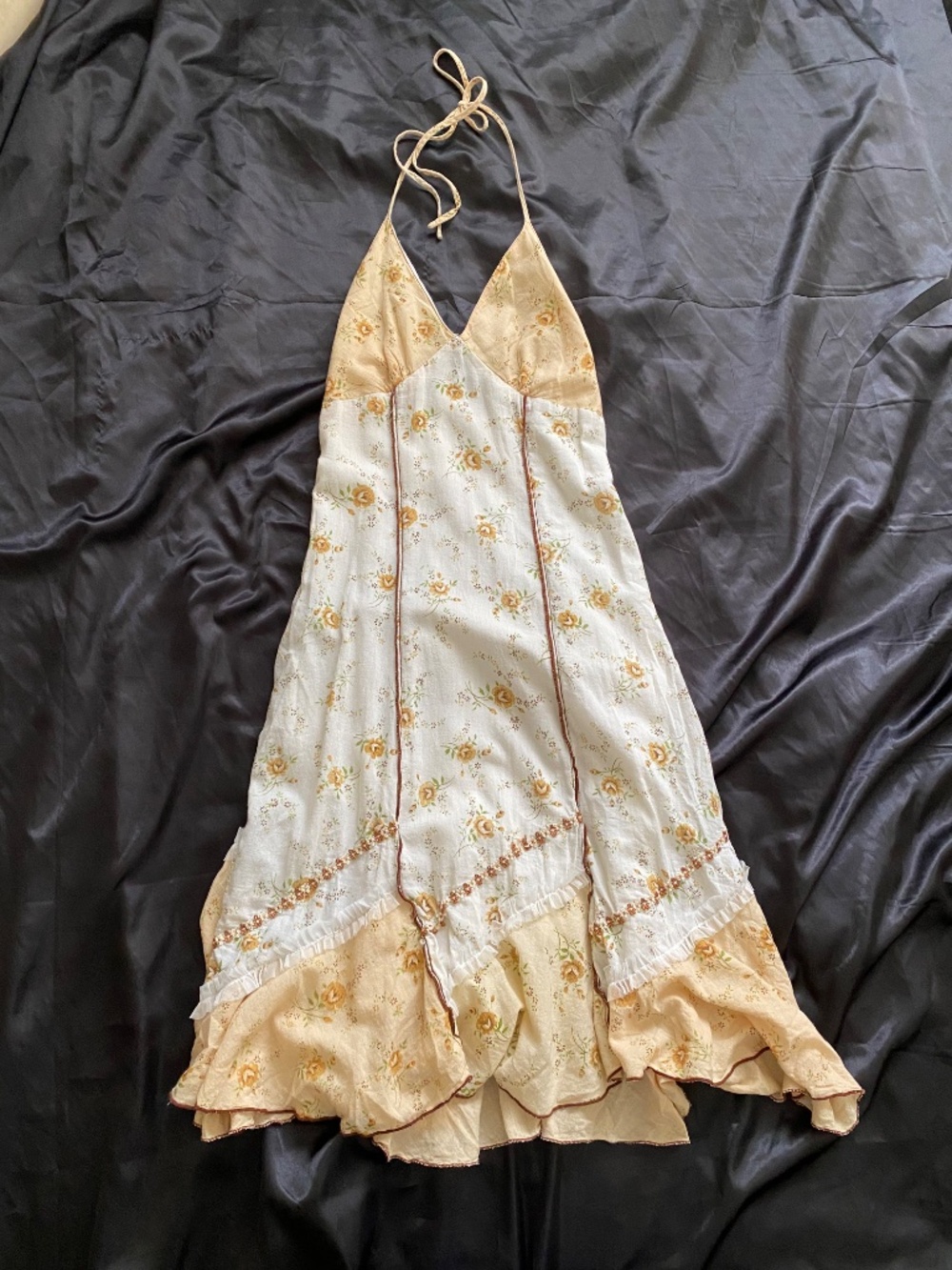Vintage y2k Cream Brown Floral Halter Dress Summer Boho XS/S